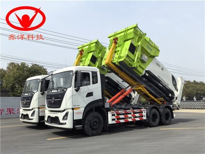 东风天龙勾臂车、18方移动压缩垃圾站出发东莞